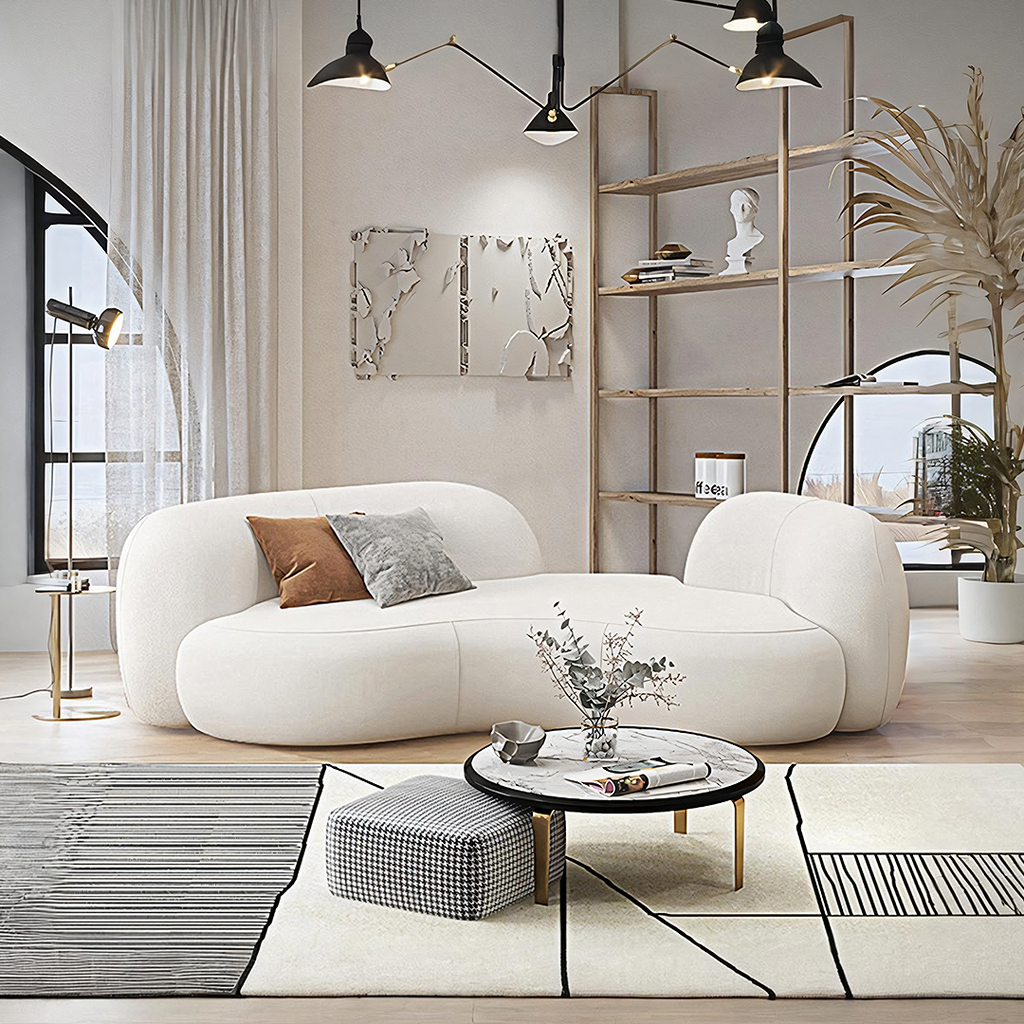 Elara Modern Curved Two Seater, Three Seater Sofa, Boucle in a lifestyle setting with sofa curved