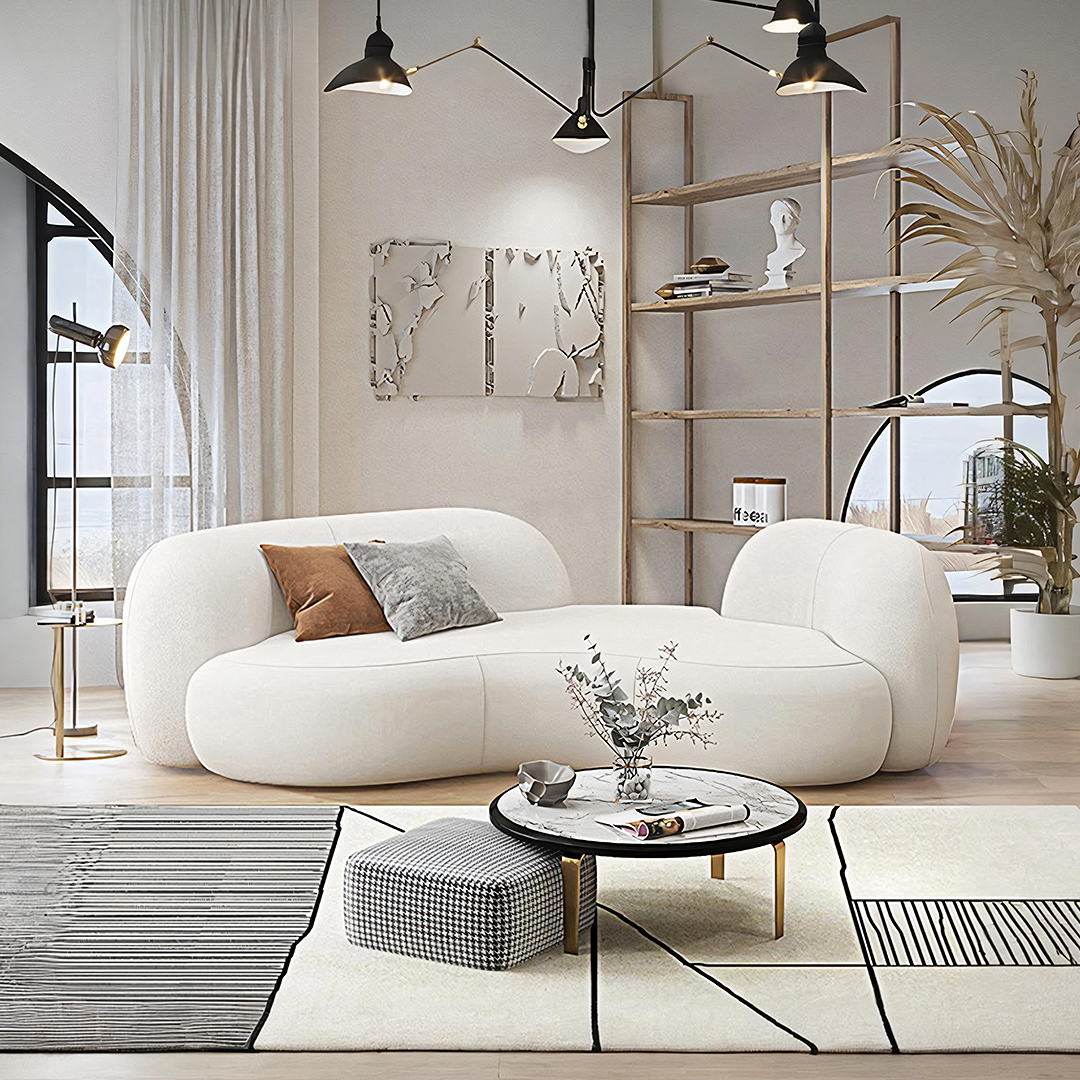 Elara Modern Curved Two Seater, Three Seater Sofa, Boucle in a lifestyle setting with sofa curved