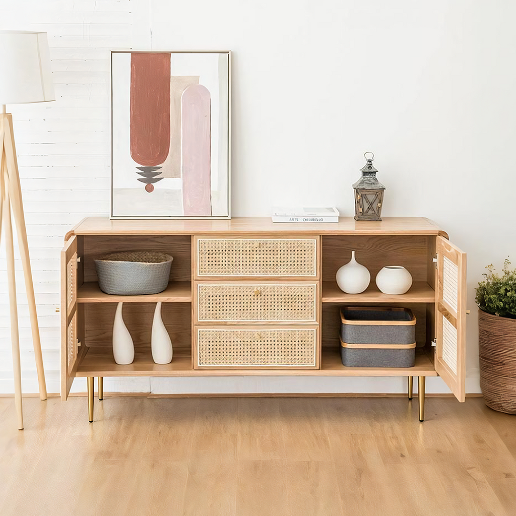 Emmie Sideboard, Natural Rattan & Ash Esche Wood with wooden sideboards