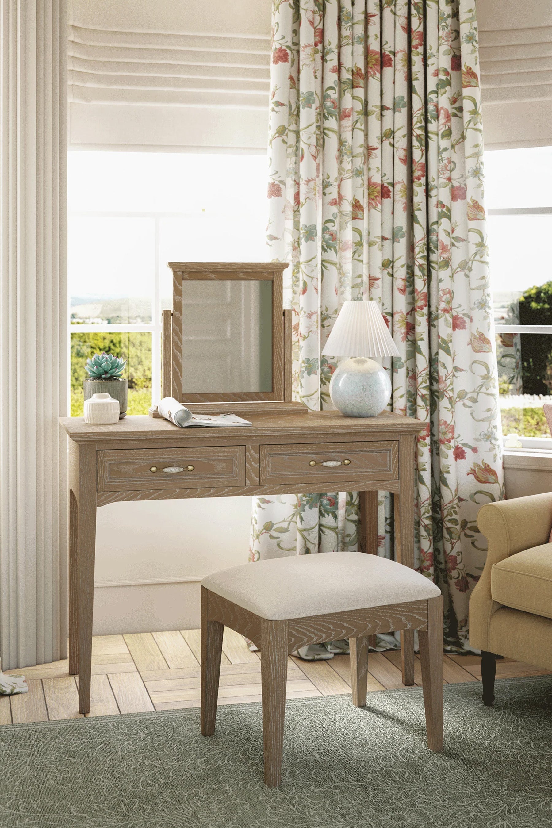 Ennis 2 Drawer Dressing Table, Stool & Mirror Set