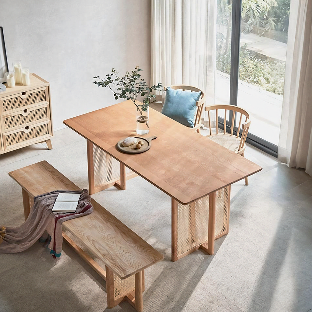 Gavril Rattan Dining Table, Oak, Rectangle - bench dining table corner