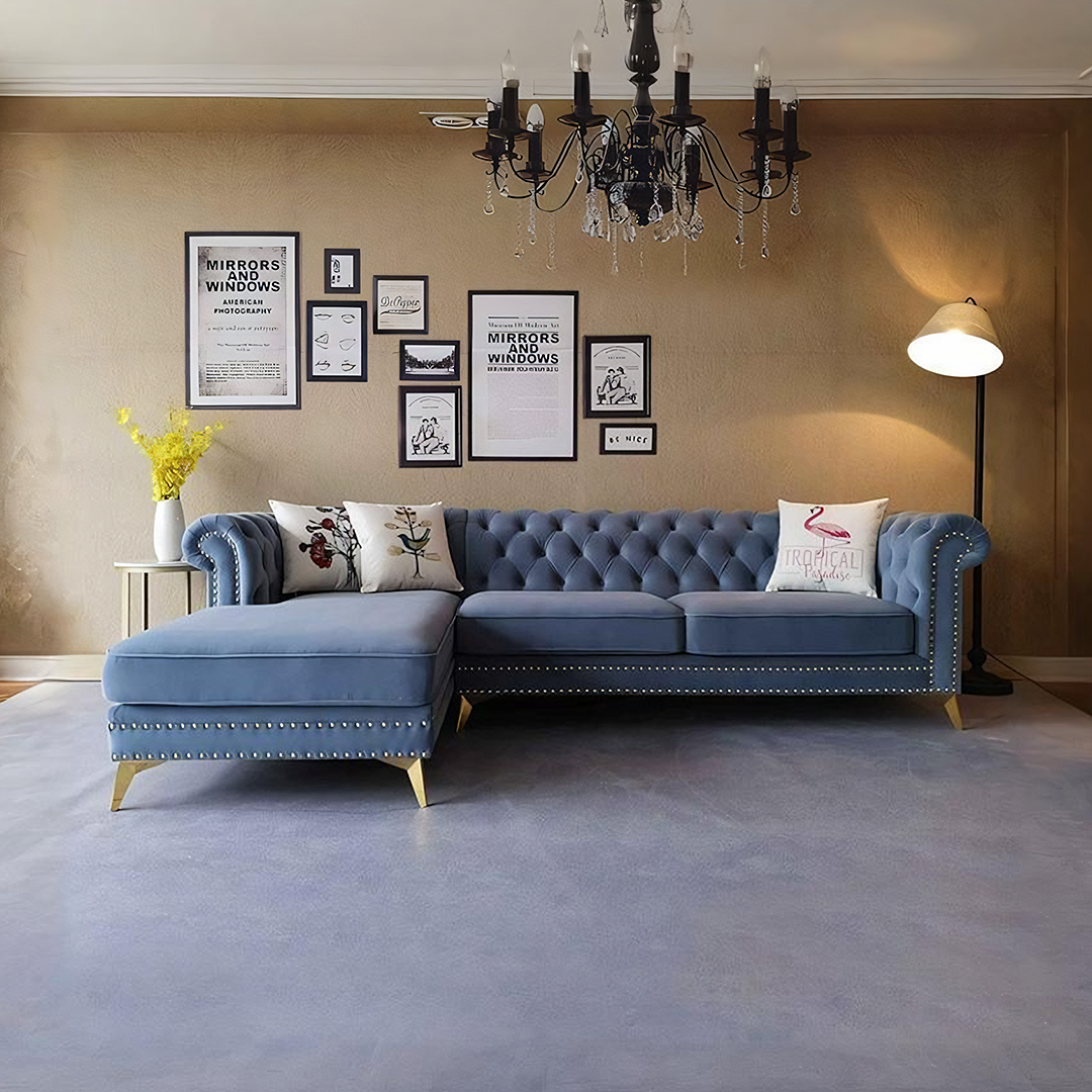 Detail view of Glamour Three Seater Corner Sofa, Velvet with white leather corner sofa