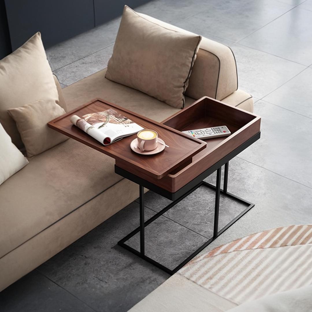 Hay Storage Side Table, Walnut, side view of fold out dining table