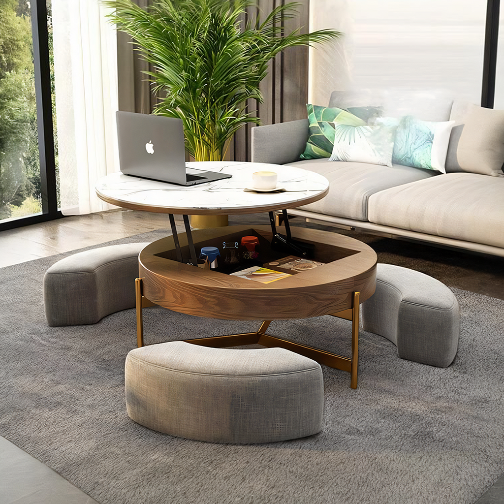 Josiah Round Lift-Top Coffee Table With 3 Small Benches, Linen-Weilai Concept-Weilai Concept