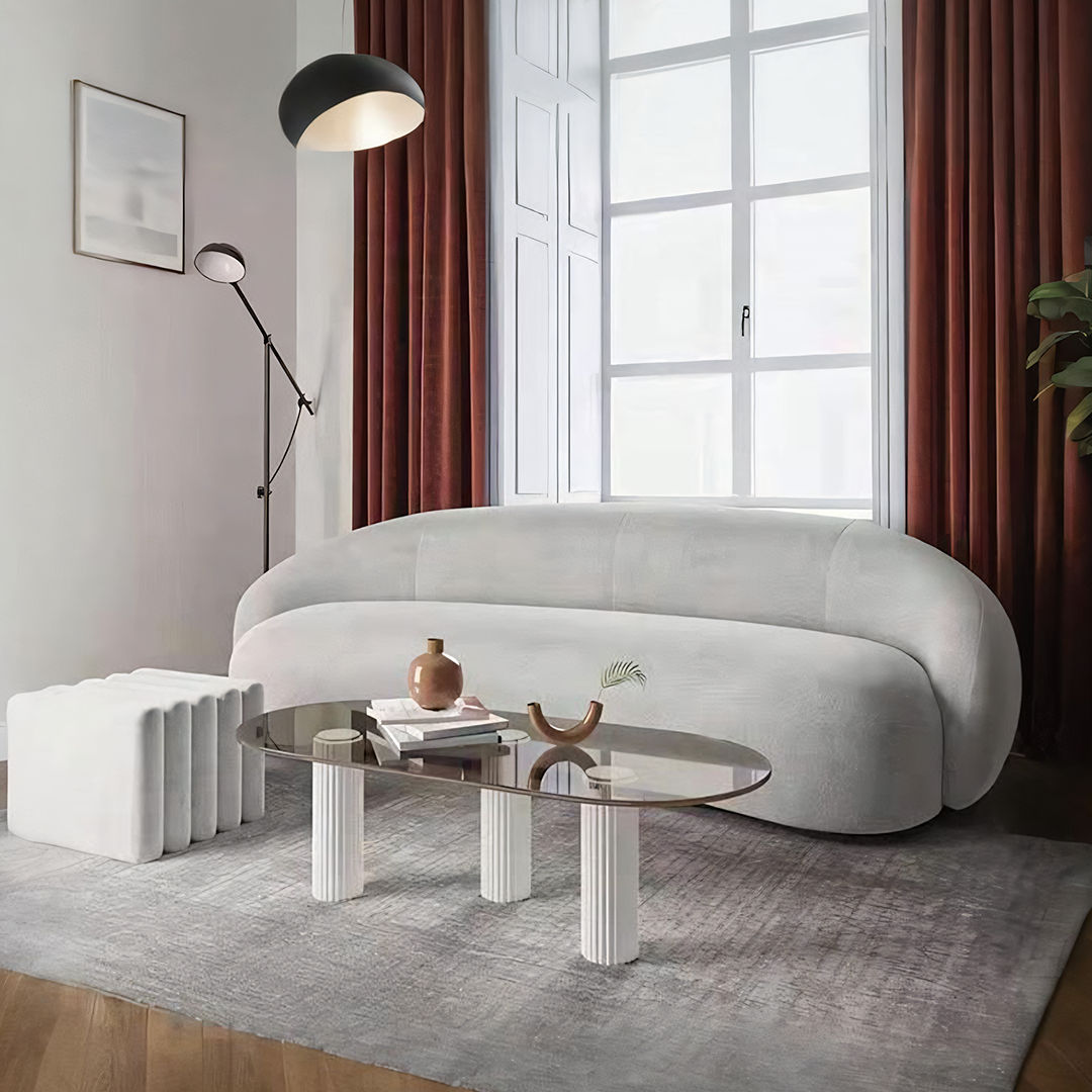 Julep Modern Curved Three Seater, Four Seater Sofa, Velvet in a lifestyle setting with curved sofa for bay window