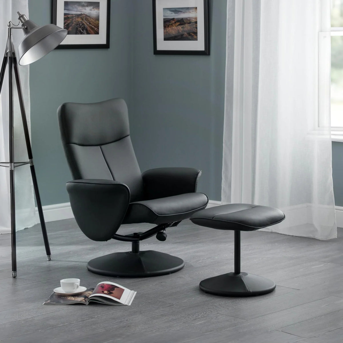 Lugano Recliner & Stool With Covered Base - Black