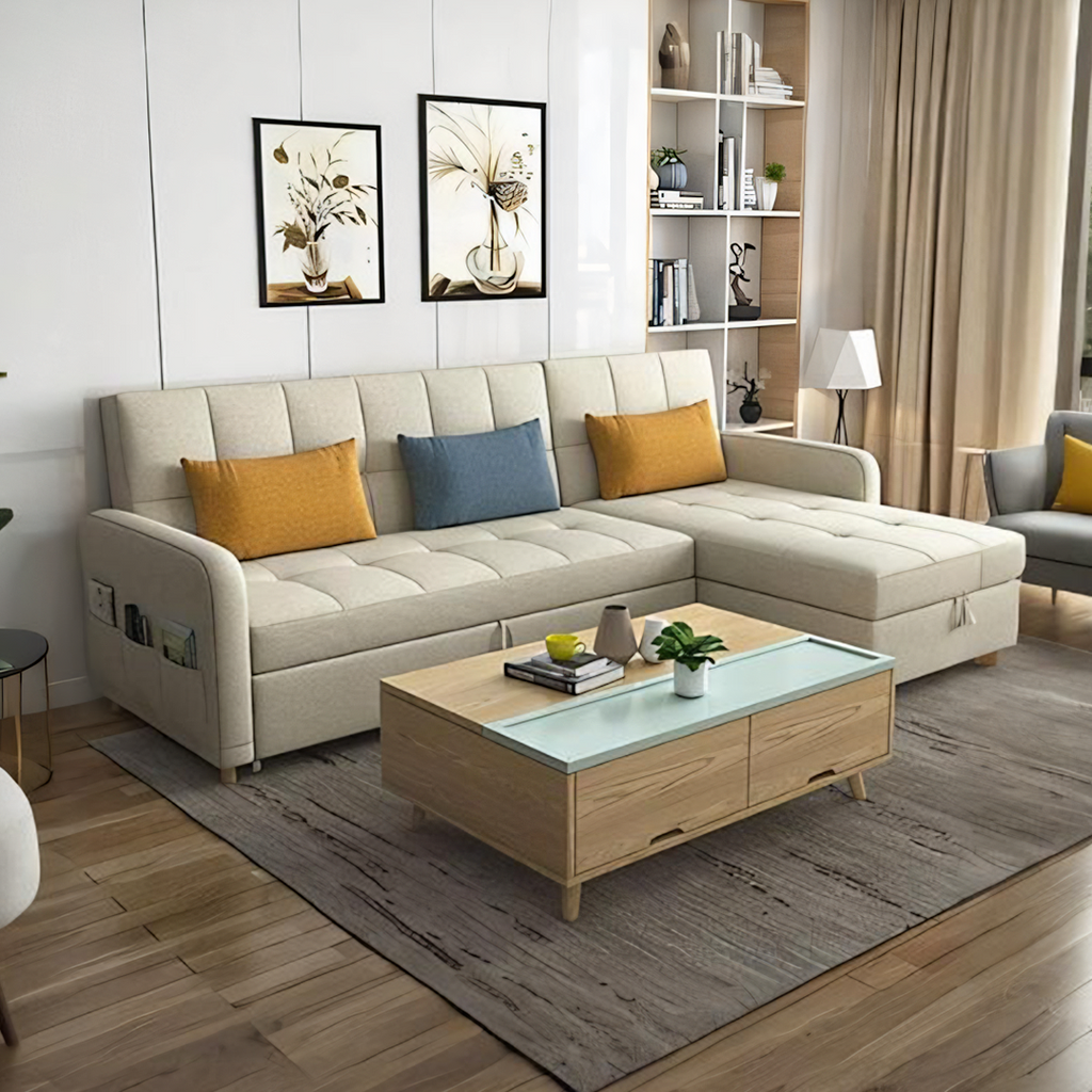 Three Seater Sofa Bed, L Shape Sofa Bed With Storage, Linen with modular couch with sofa bed