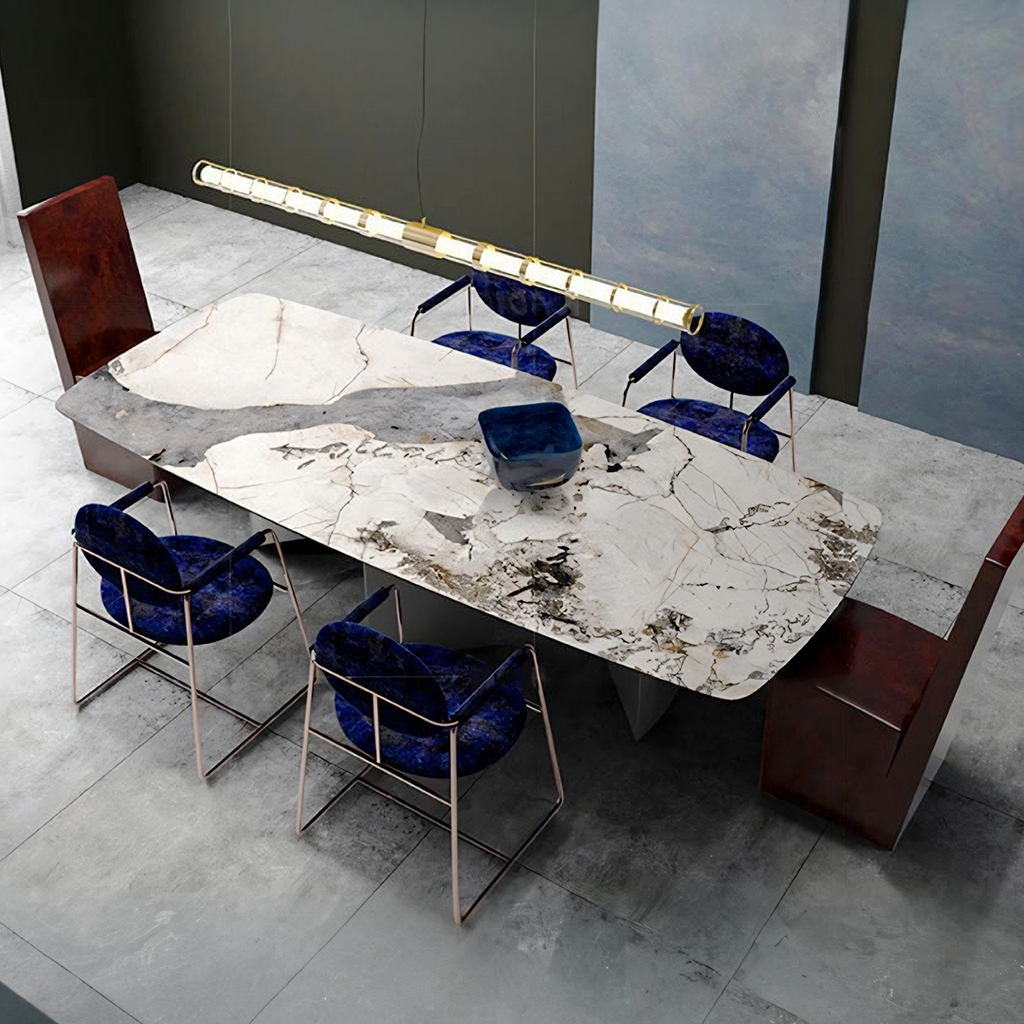 Nala Dining Table With Black Legs, Sintered Stone, side view of rug on carpet under dining table