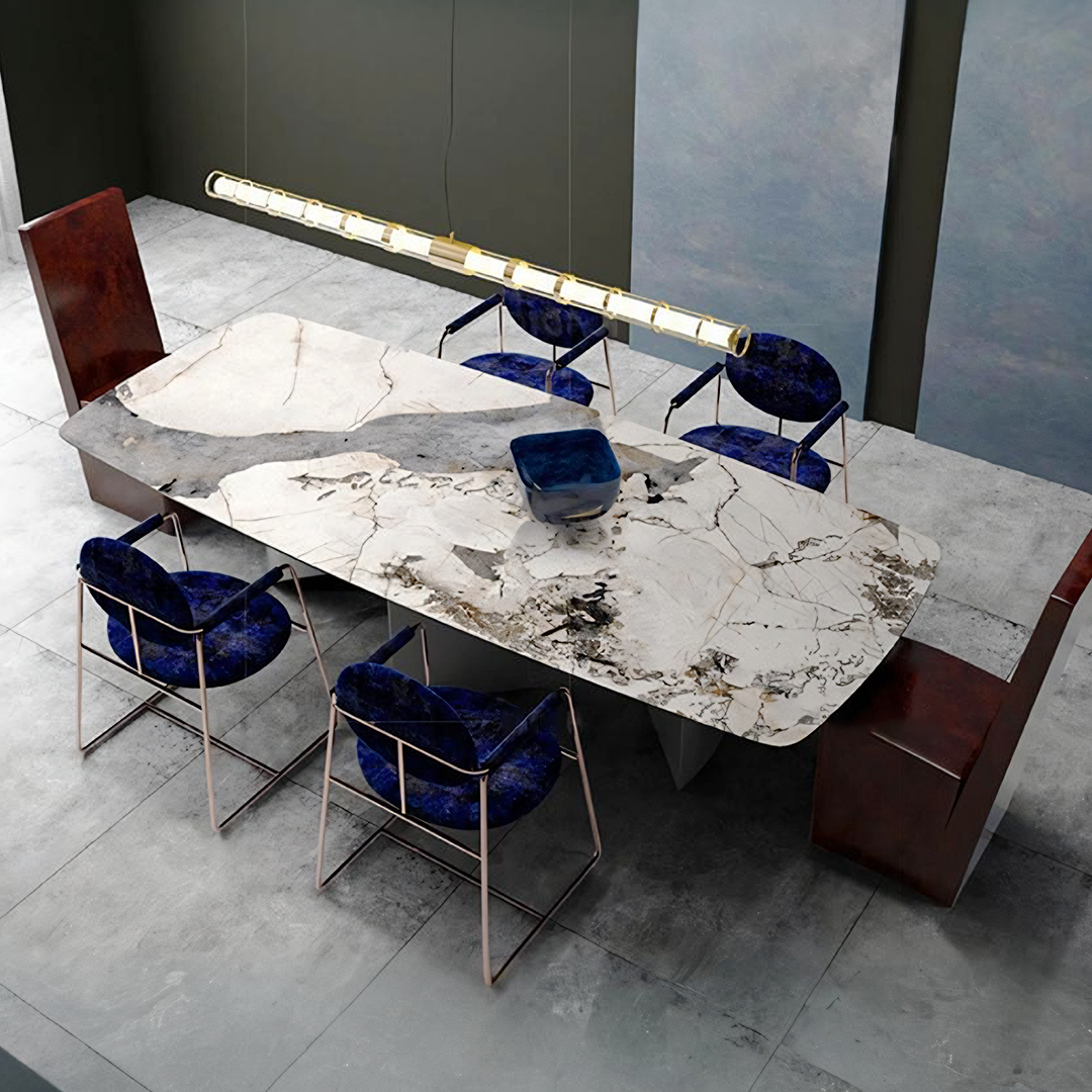Nala Dining Table With Black Legs, Sintered Stone, side view of rug on carpet under dining table