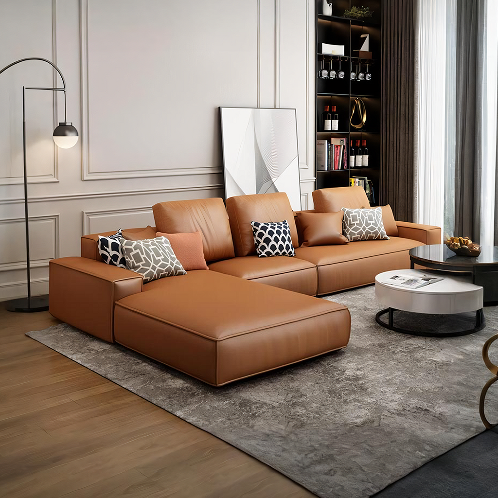 Nevaeh Three Seater Corner Sofa, Leathaire, side view of neutral corner sofa
