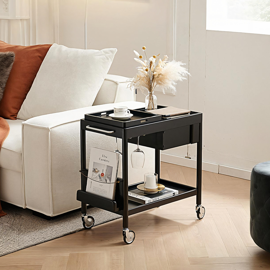 Detail view of Orion With Magazine Rack Side Table With Trolleys with dark sideboard