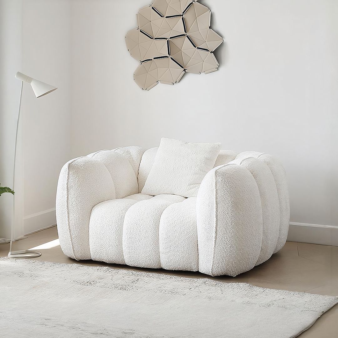 Detail view of Oxley Pumpkin Single Seater Sofa, Armchair, White with dining tables and 6 chairs