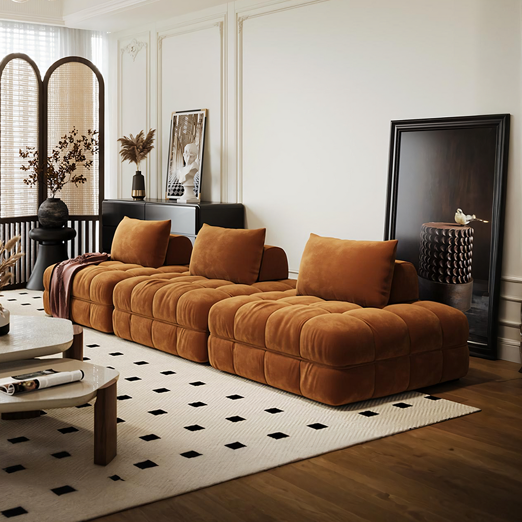 Paloma French Two Seater, Three Seater, Modular Sofa, Velvet, side view of extension to dining table