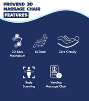 Illustrations of Proven 3D Massage Chair features on a blue background