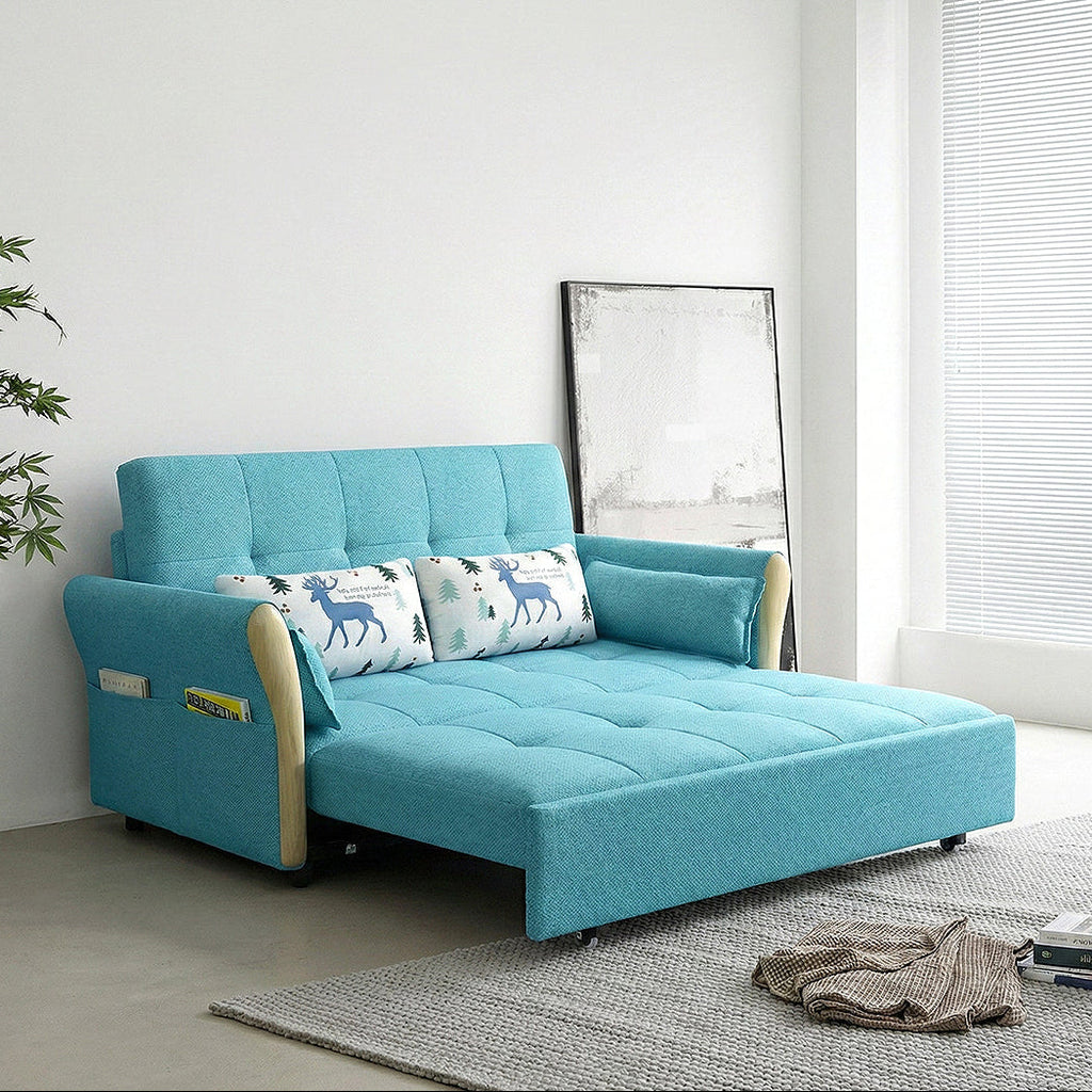 Two Seater Sofa Bed, Blue - sofa with foldable bed