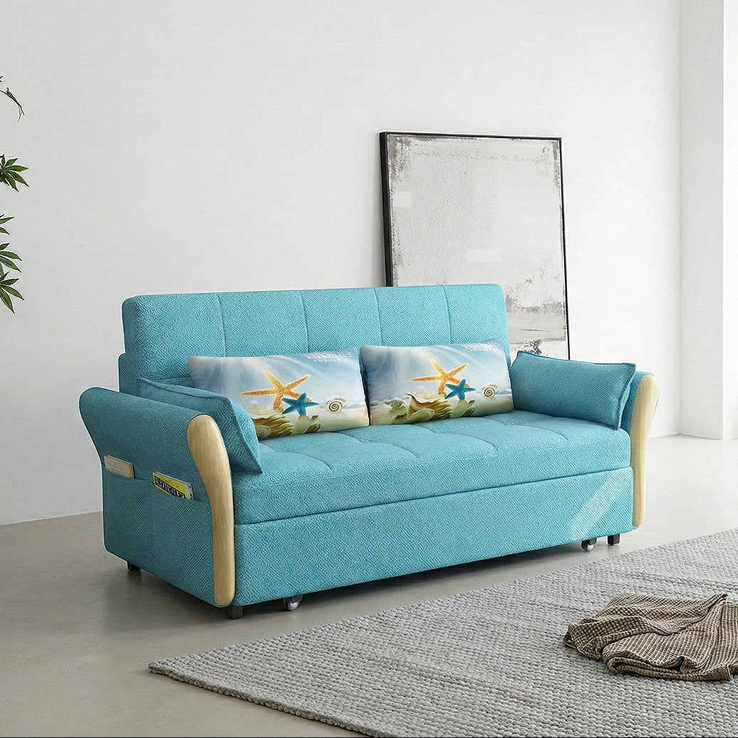 Two Seater Sofa Bed, Blue, side view of best sofa bed