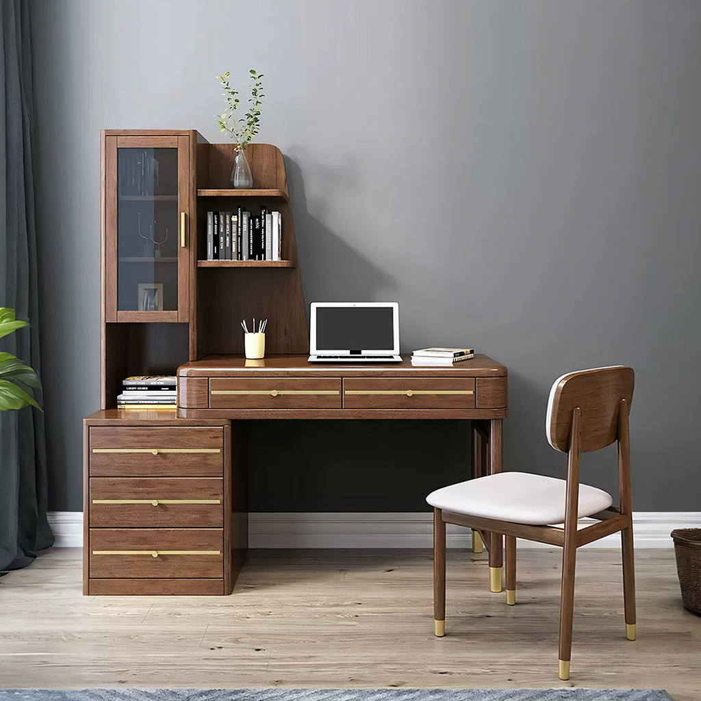 Office Desk With Side Storage, Rosewood & Gold - office desk chair cushion