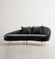 Slender Modern Curved Two Seater, Three Seater Sofa, Velvet, side view of curved sofas