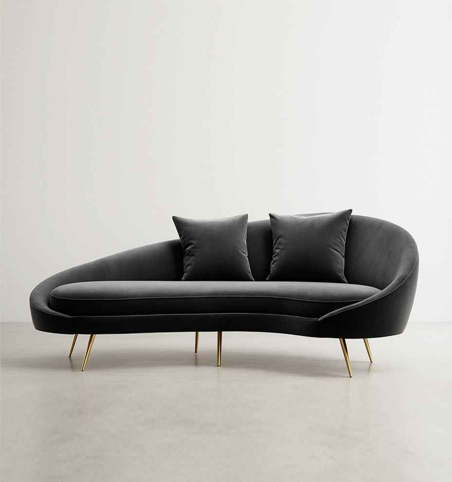 Slender Modern Curved Two Seater, Three Seater Sofa, Velvet, side view of curved sofas
