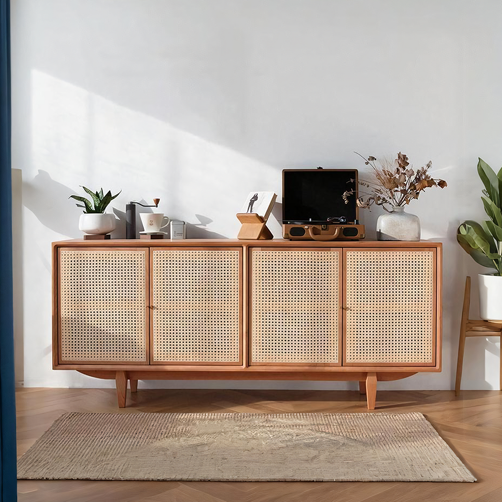 Tulma Sideboard, Rattan, side view of black gloss sideboard