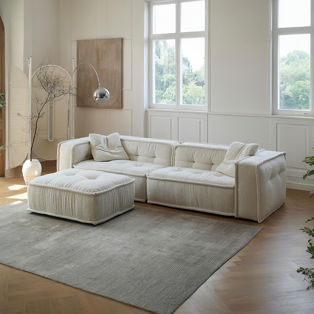 Undra Two Seater, Three Seater Sofa, Boucle, side view of white dining table set