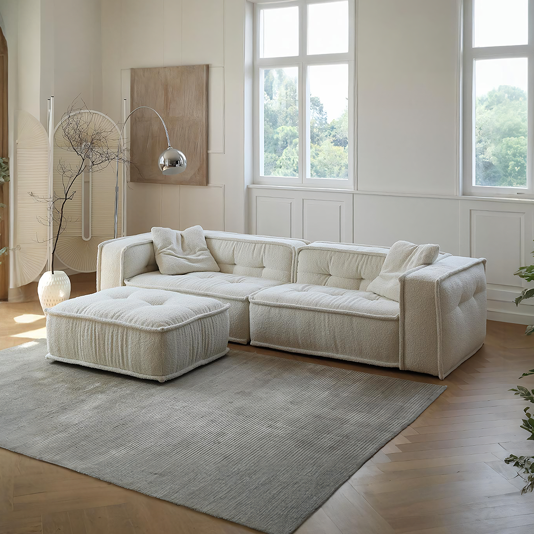 Undra Two Seater, Three Seater Sofa, Boucle, side view of white dining table set