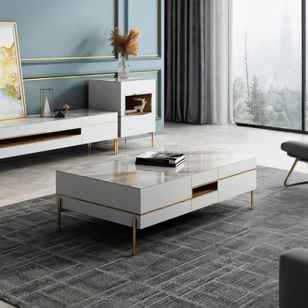 VIda Rectangle Coffee Table Set With TV Stand, Gold Leg - sideboard with mirror