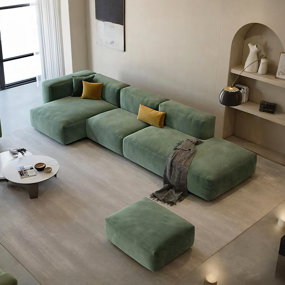 Valentina Three Seater Sofa, Four Seater, Corner Sofa, Velvet, side view of leather corner chaise sofa