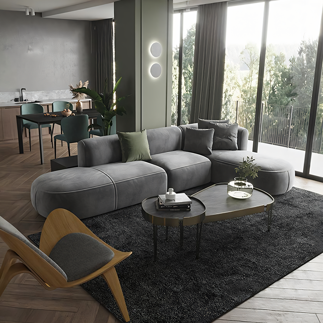 FIN Four Seater Sofa, Four Seater Corner Sofa, Grey Velvet, side view of corner sofa cream