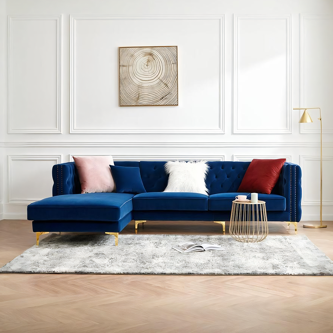 Three Seater Corner Sofa, Velvet, side view of corner sofa bed with storage