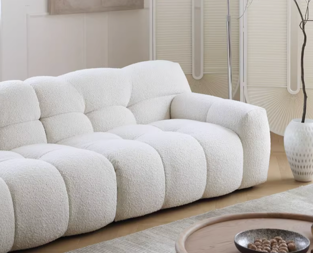 Cora Cloud Two / Three Seater Sofa, Boucle with oval dining table for 8