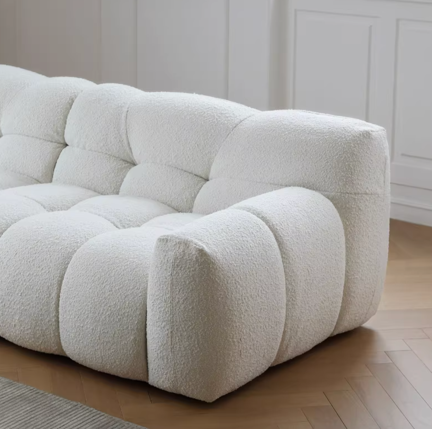 Cora Cloud Two / Three Seater Sofa, Boucle with pine dining table and chairs
