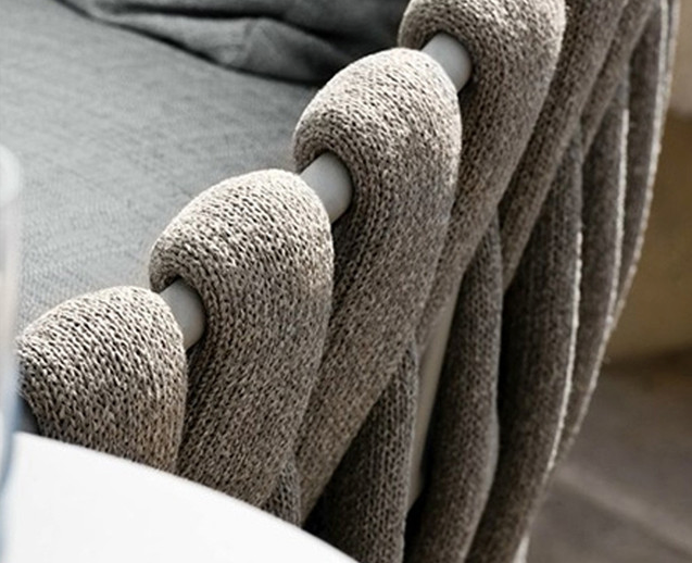 Detail view of Vallee Rattan Outdoor Dining Table Set, Table With Six Dining Chairs with chair sofa bed