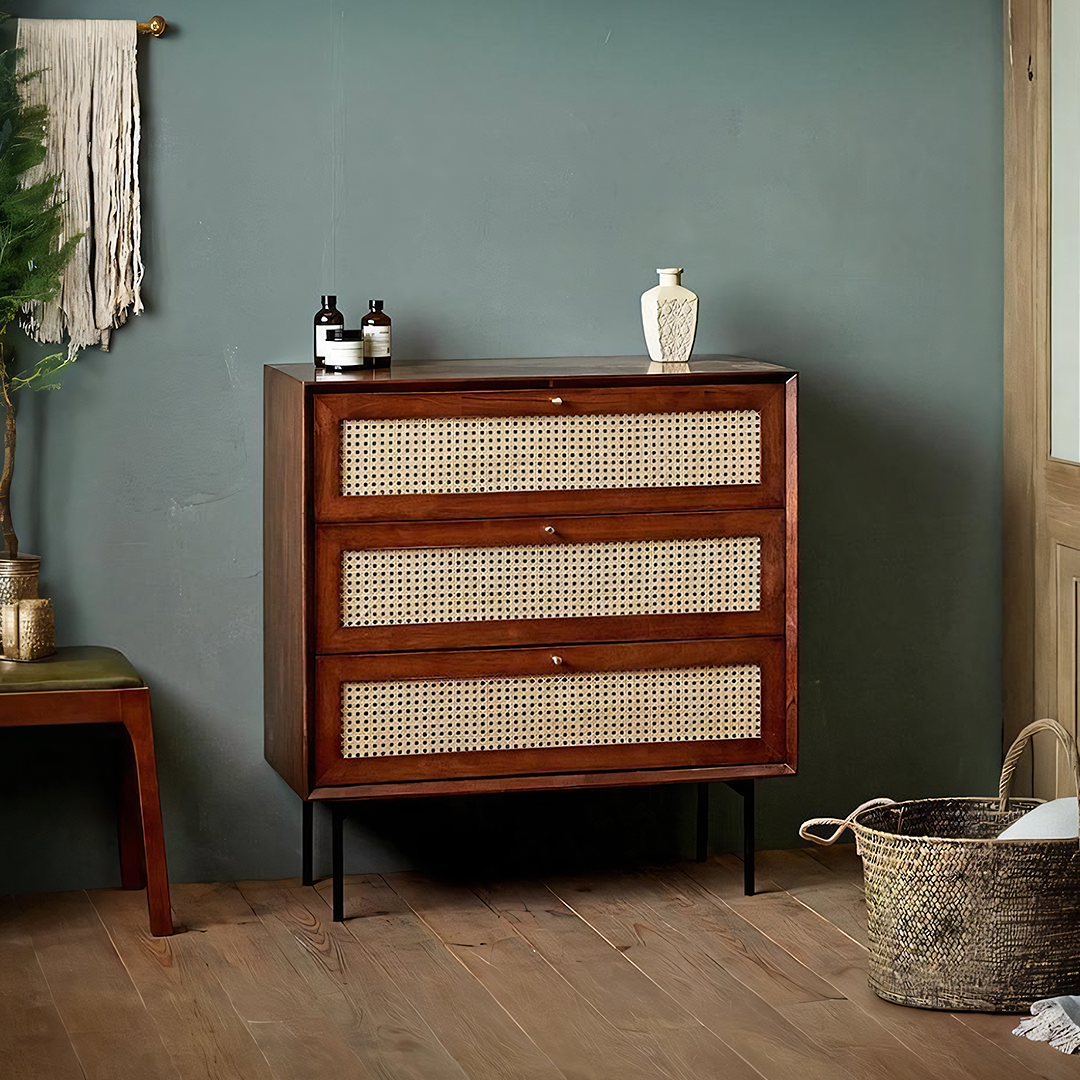 Xavier Sideboard, Side Cabinet, Rattan - grey and oak sideboard
