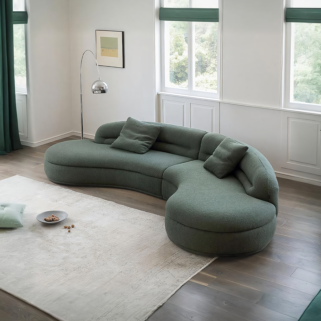 Yannik Four Seater Curved Sofa, Green, side view of curved small sofa