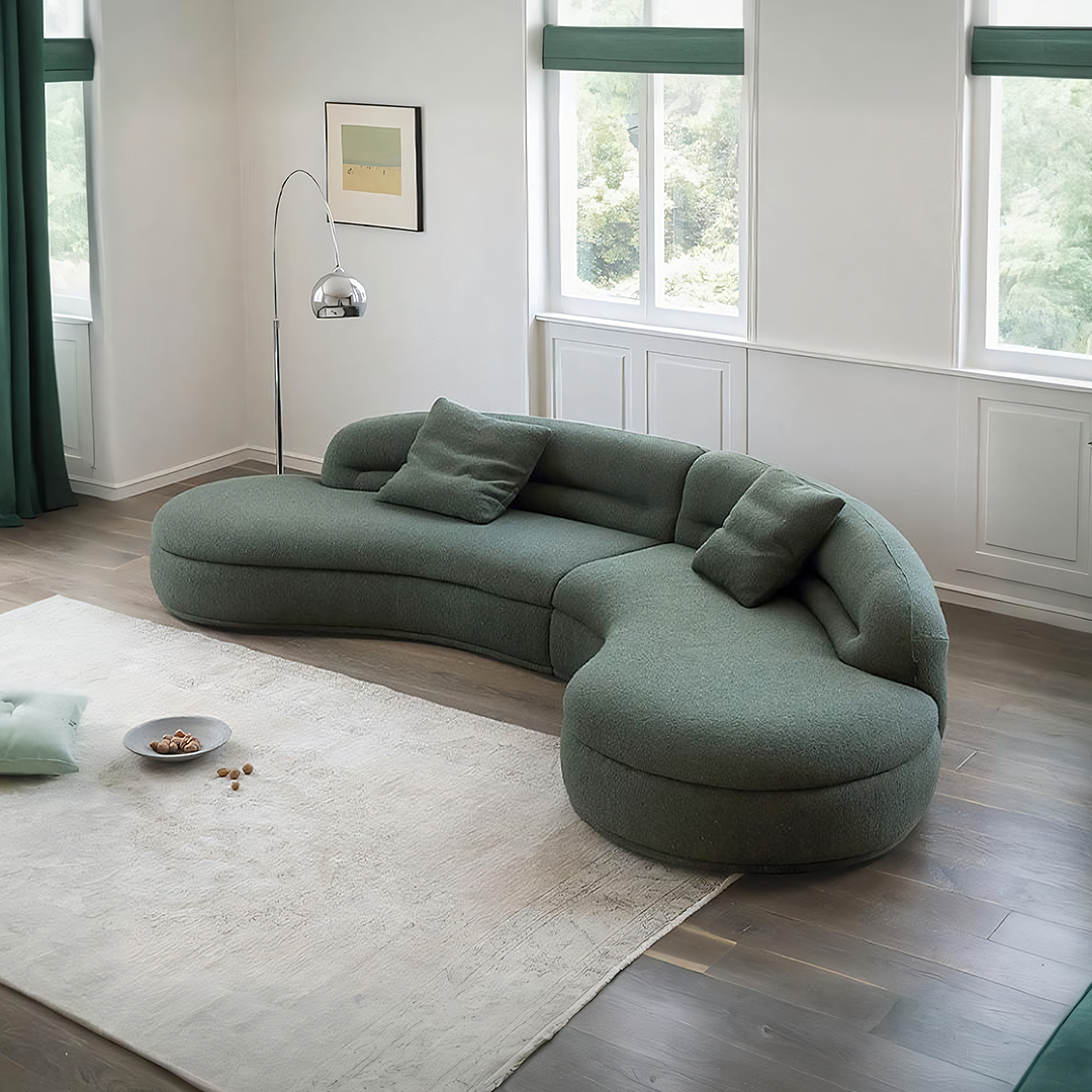 Yannik Four Seater Curved Sofa, Green, side view of curved small sofa