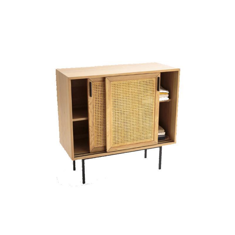 Acacia Cane Rattan Sideboard, side view of white wood sideboard
