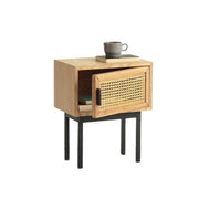 Detail view of Acacia Cane Rattan Sideboard with wine rack sideboard