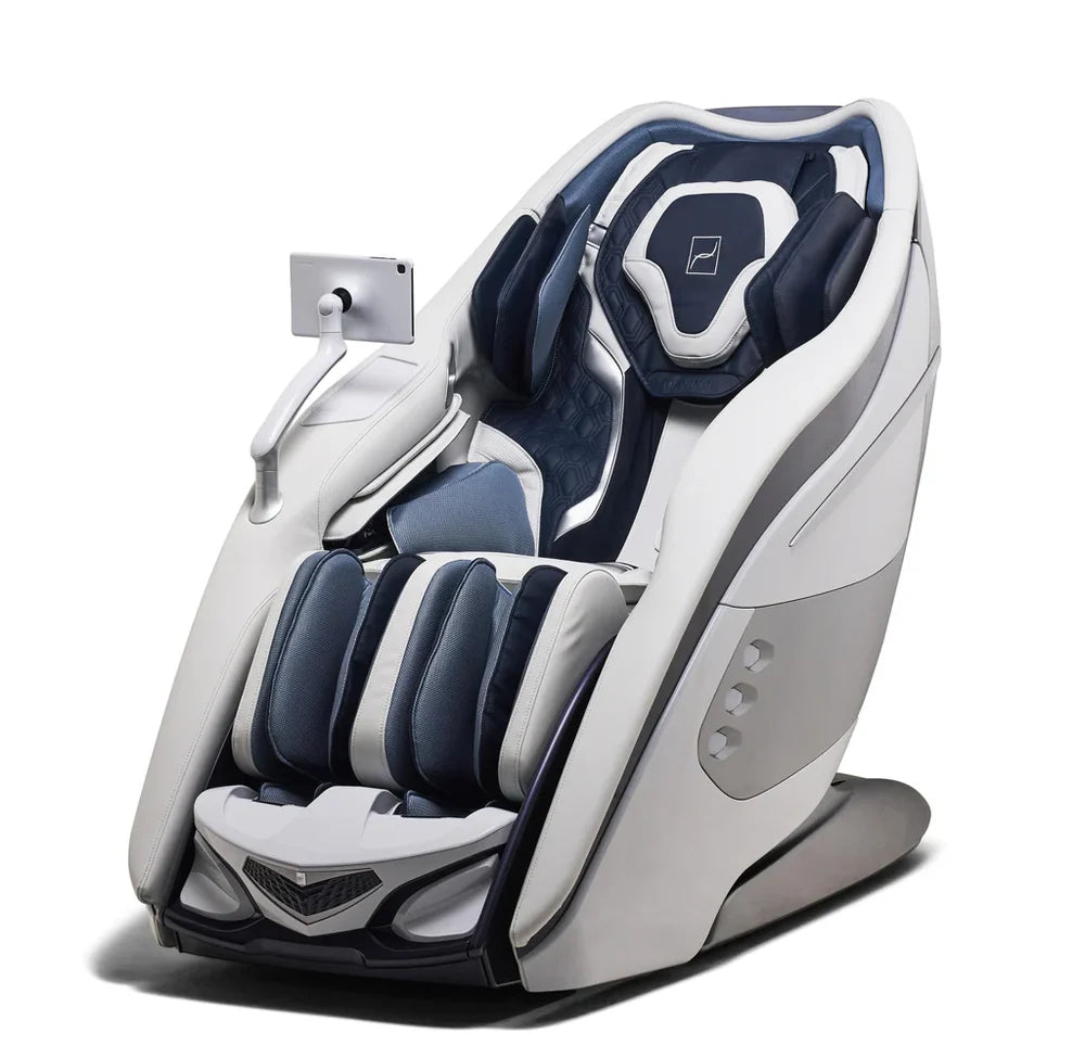 White and blue massage chair on a white background
