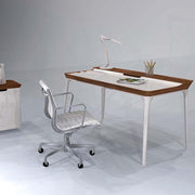 Detail view of Brannan Office Desk, Wood with office desk floor mat
