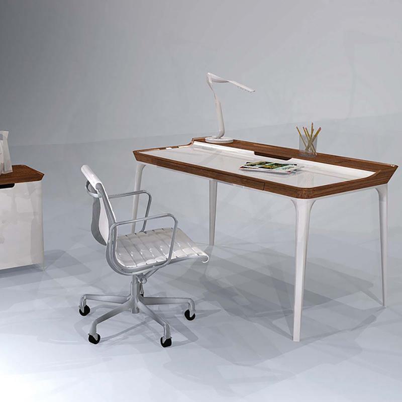 Detail view of Brannan Office Desk, Wood with office desk floor mat