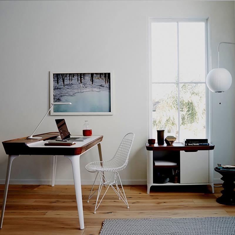 Brannan Office Desk, Wood in a lifestyle setting with adjustable height office desk