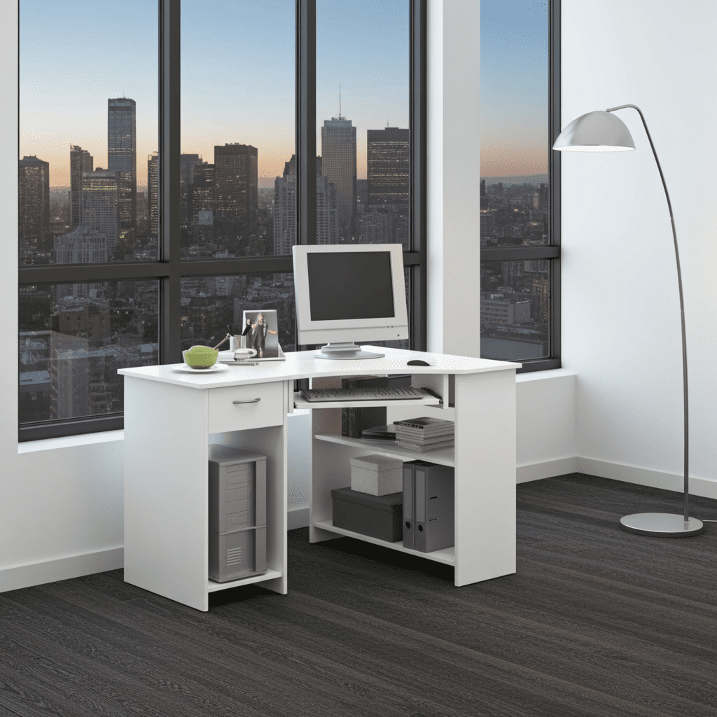Alex White Corner Desk with Drawer and Shelves - 2922