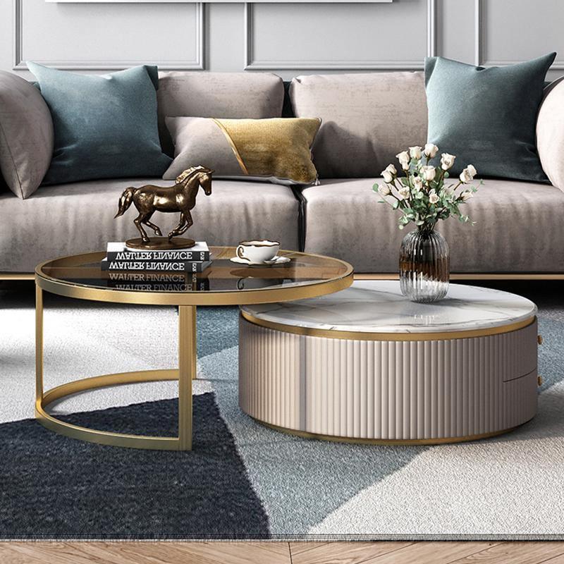 Bell Nesting Coffee Table Set, White & Gold in a lifestyle setting with dining room tables glass