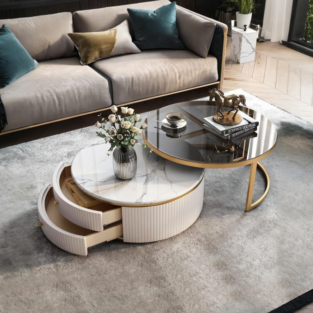 Detail view of Bell Nesting Coffee Table Set, White & Gold with dining room table seats 10