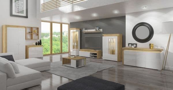 Cadillac Oak Effect And White Gloss 2 Door Wardrobe With LED Lights - 3175