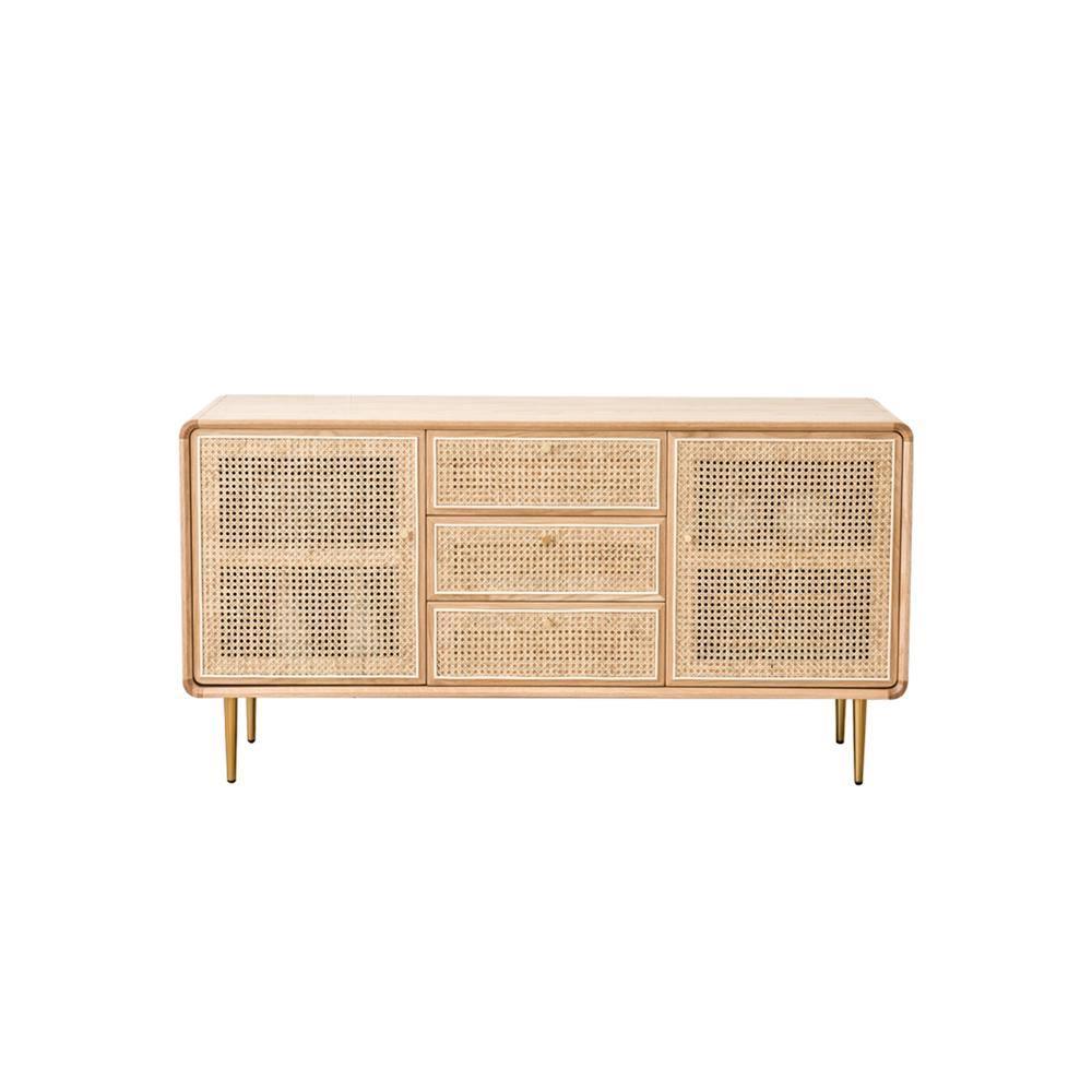 Detail view of Emmie Sideboard, Natural Rattan & Ash Esche Wood with small oak sideboards