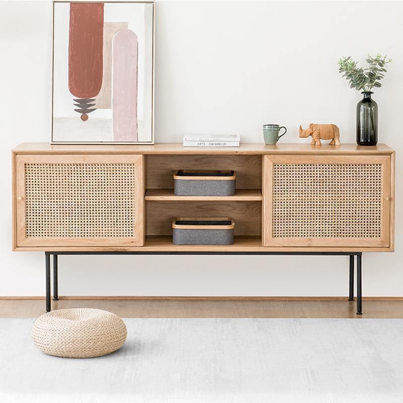 Detail view of Cement Sideboard / TV Stand, Light Oak with rustic sideboard