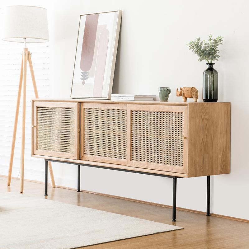 Cement Sideboard / TV Stand, Light Oak in a lifestyle setting with sideboard rattan