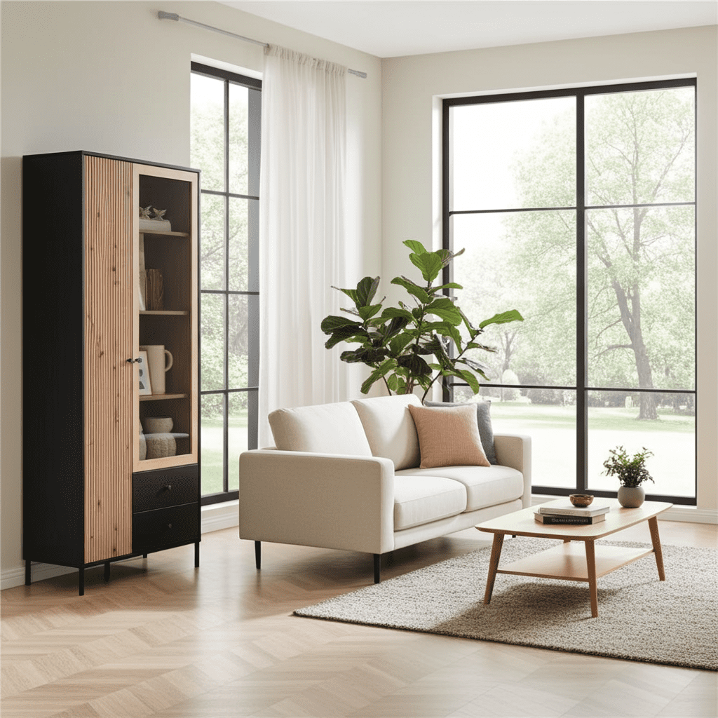 Clifton Slatted Artisan Oak Effect And Black 2 Door Display Cabinet - 11013529